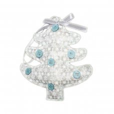 Χριστουγεννιάτικο Κρεμαστό Υφασμάτινο Δεντράκι, Ασημί με Χιονονιφάδες και Μπλε Κουμπιά (12cm)