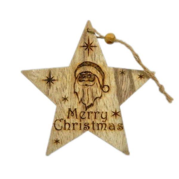 Χριστουγεννιάτικο Ξύλινο Αστέρι Καφέ με "Merry Christmas" και Άγιο Βασίλη (14cm)