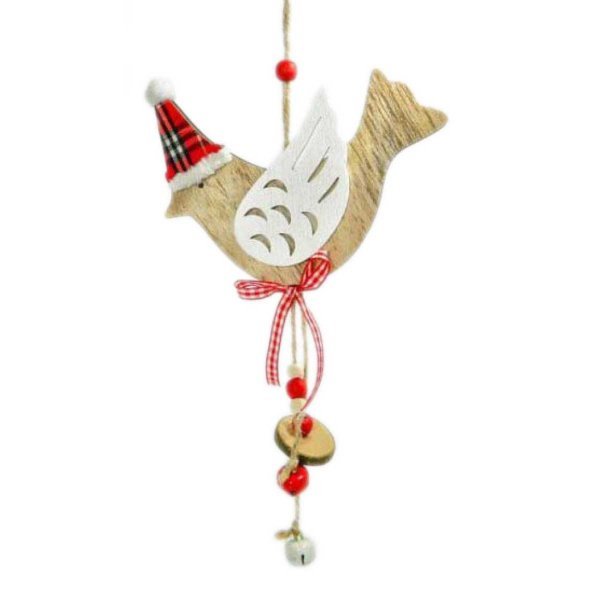 Χριστουγεννιάτικο Κρεμαστό Ξύλινο Πουλάκι, με Κόκκινο Καρό Σκούφο και διάφορα Κρεμαστά (25cm)