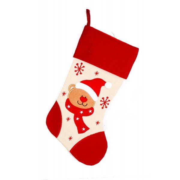 Χριστουγεννιάτικη Διακοσμητική Κάλτσα, Κόκκινη και Μπεζ, με Αρκουδάκι (45cm)