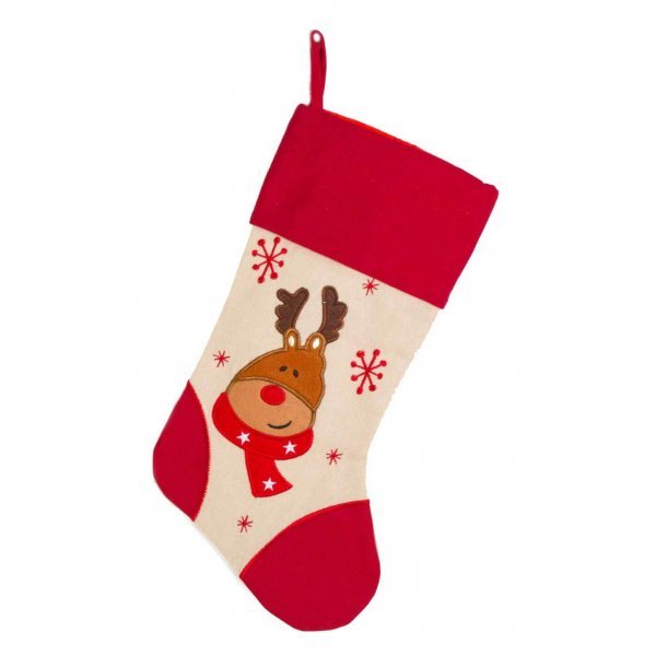 Χριστουγεννιάτικη Διακοσμητική Κάλτσα, Κόκκινη και Μπεζ, με Τάρανδο (45cm)