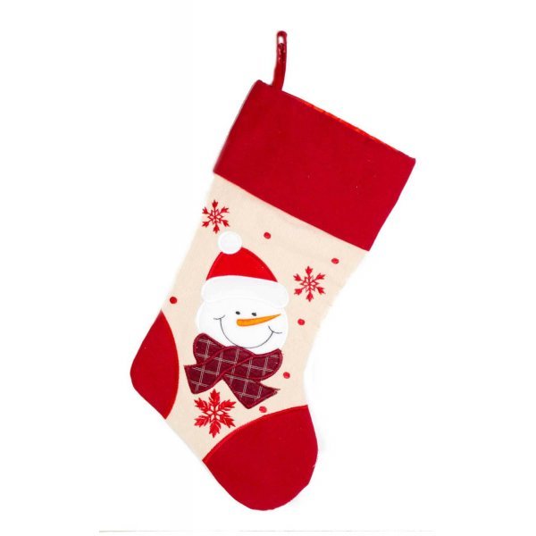 Χριστουγεννιάτικη Διακοσμητική Κάλτσα, Κόκκινη και Μπεζ, με Χιονάνθρωπο (45cm)