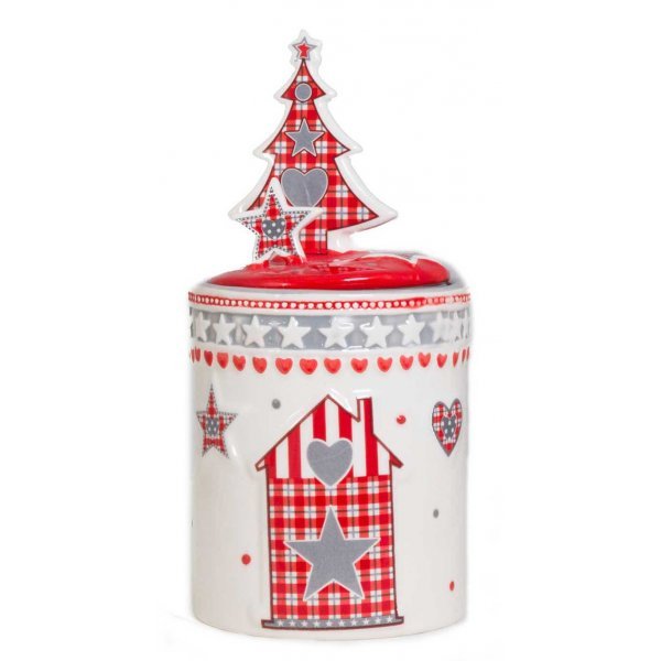 Χριστουγεννιάτικη Κεραμική Μπισκοτιέρα με Καρό Σχέδια και Κόκκινο Καπάκι (24cm)