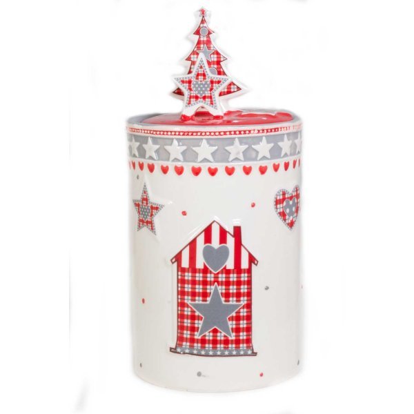 Χριστουγεννιάτικη Κεραμική Μπισκοτιέρα με Καρό Σχέδια και Κόκκινο Καπάκι (32cm)