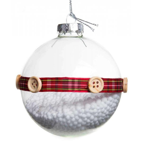 Χριστουγεννιάτικη Γυάλινη Μπάλα Διάφανη, με Καρό Κορδέλα, Κουμπiιά και Χιονάκι στο Εσωτερικό (8cm)