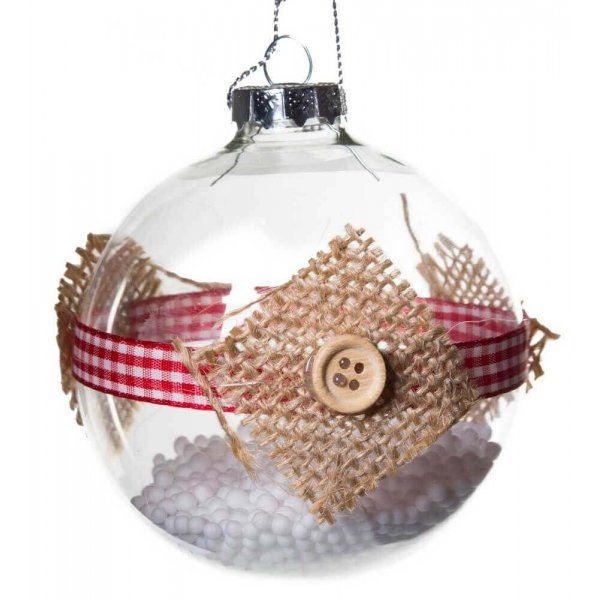 Χριστουγεννιάτικη Γυάλινη Μπάλα Διάφανη, με Καρό Κορδέλα, Λινάτσα με Κουμπί και Χιονάκι στο Εσωτερικό (8cm)