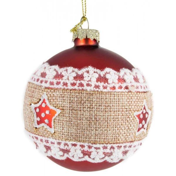 Χριστουγεννιάτικη Γυάλινη Μπάλα Κόκκινη, με Λινάτσα και Αστεράκια (8cm)