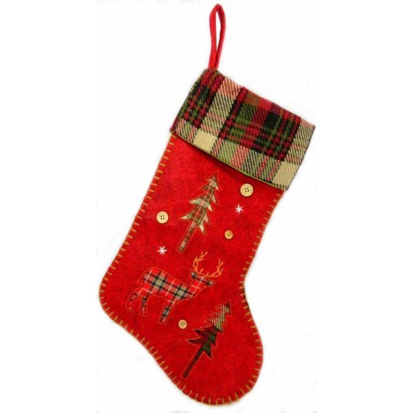 Χριστουγεννιάτικη Διακοσμητική Κάλτσα, Κόκκινη με Δεντράκια, Τάρανδο και Κουμπιά (45cm)