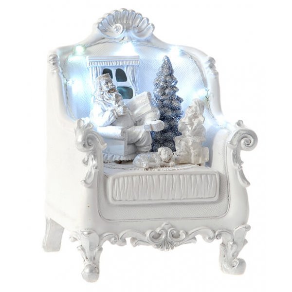 Χριστουγεννιάτικη Διακοσμητική Κεραμική Πολυθρόνα, Λευκή με Άγιο Βασίλη και Φως (20cm)