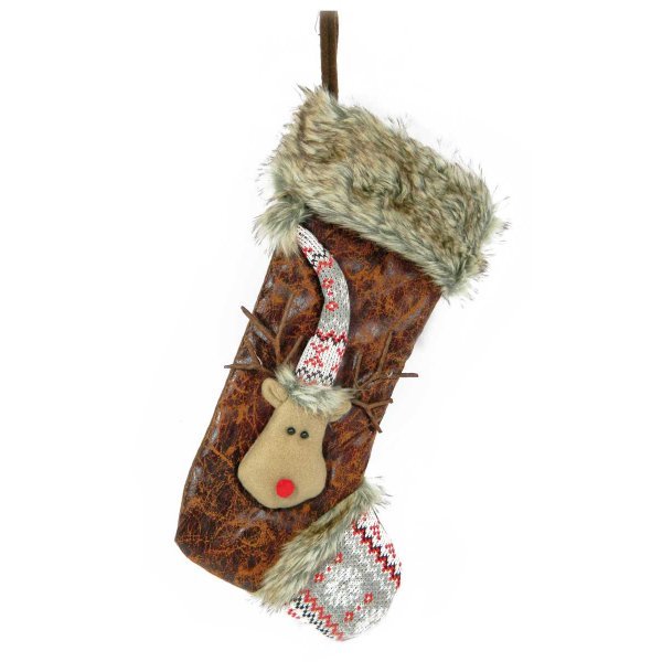 Χριστουγεννιάτικη Διακοσμητική Κάλτσα, Καφέ με Γουνάκι και Ανάγλυφο Τάρανδο (44cm)