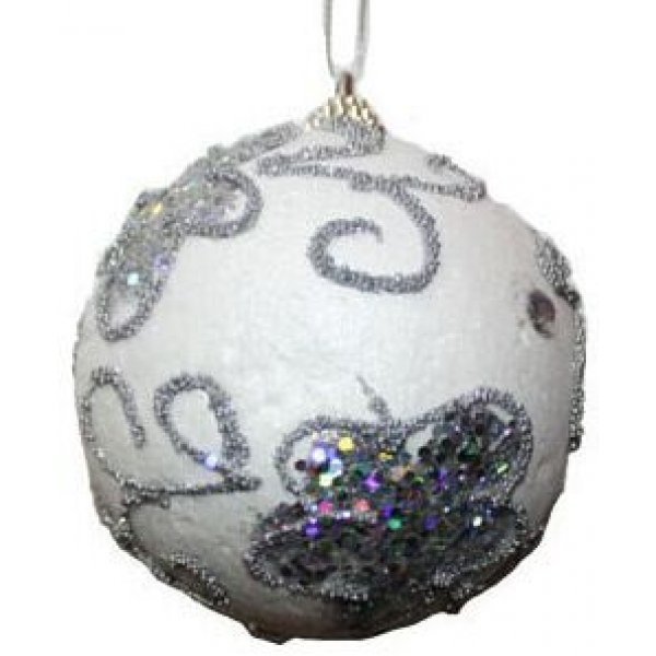 Χριστουγεννιάτικη Μπάλα Λευκή με Ασημί Πεταλούδες από Στρας (10cm)