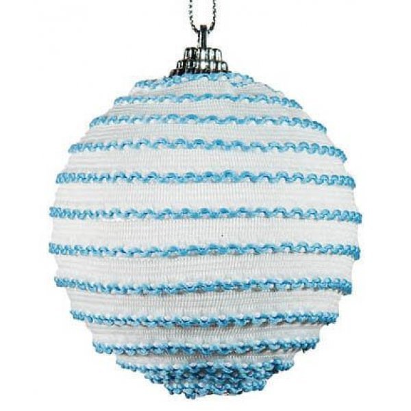 Χριστουγεννιάτικη Μπάλα Λευκή, με Γαλάζιες Κλωστές (10cm)