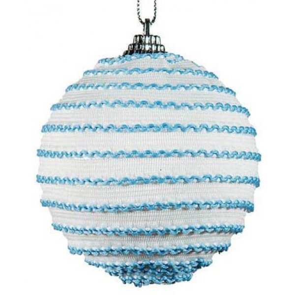 Χριστουγεννιάτικη Μπάλα Λευκή, με Γαλάζιες Κλωστές (8cm)