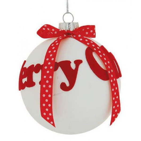 Χριστουγεννιάτικη Γυάλινη Μπάλα Λευκή, με Κόκκινο Merry Christmas και Φιόγκο (8cm)