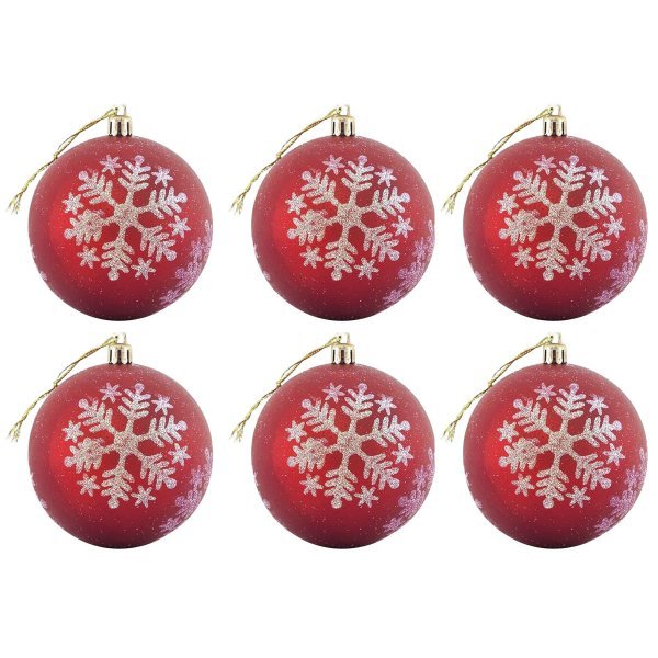 Χριστουγεννιάτικες Μπάλες Κόκκινες με Σχέδιο Λευκή Νιφάδα - Σετ 6 τεμ. (8cm)