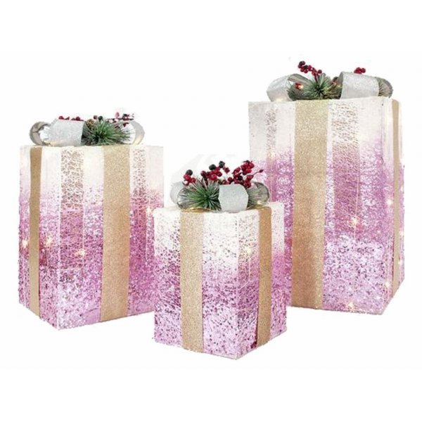 Χριστουγεννιάτικα Κουτιά Δώρου Ροζ με LED (38cm) - Σετ 3 τεμ.