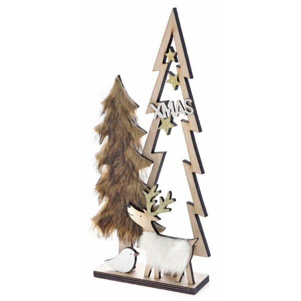 Χριστουγεννιάτικο Ξύλινο Διακοσμητικό με Δέντρα και Γούνα (30cm)