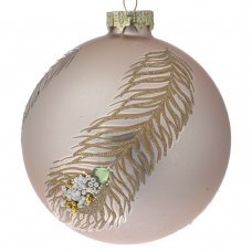 Χριστουγεννιάτικες Γυάλινες Μπάλες Ροζ Χρυσό με Φτερό Παγωνιού - Σετ 6 τεμ. (8cm)