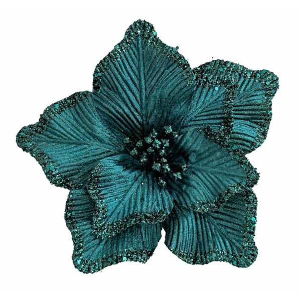 Χριστουγεννιάτικο Λουλούδι Πετρόλ Μανώλια με Γκλίτερ (21cm)