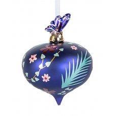 Χριστουγεννιάτικη Γυάλινη Μπάλα Μωβ με Πορσελάνινη Πεταλούδα και Λουλούδια (9cm)