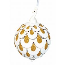 Χριστουγεννιάτικη Γυάλινη Μπάλα Λευκή με Πορσελάνινο Παγώνι και Χρυσά Σχέδια (10cm)