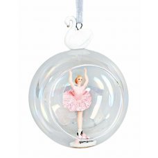 Χριστουγεννιάτικη Γυάλινη Μπάλα Διάφανη με Πορσελάνινο Κύκνο και Μπαλαρίνα στο Εσωτερικό (10cm)