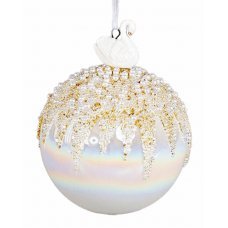 Χριστουγεννιάτικη Γυάλινη Μπάλα Ιριδίζουσα με Πορσελάνινο Κύκνο και Χάντρες (10cm)