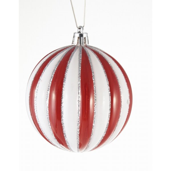 Χριστουγεννιάτικες Μπάλες Κόκκινες με Λευκές Ρίγες - Σετ 6 τεμ. (8cm)