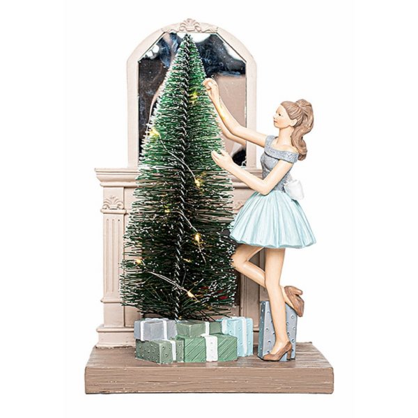 Χριστουγεννιάτικο Διακοσμητικό Γυναίκα με Φωτιζόμενο Δέντρο και Τζάκι LED (25,5cm)